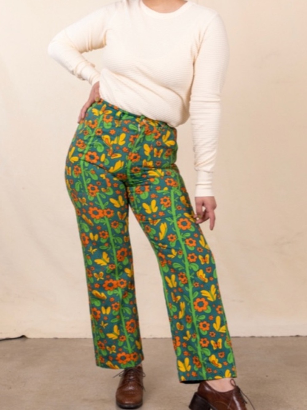 Big Bud Press Butterfly 70s print Bash Work Floral Green & Orange pants size 6XL